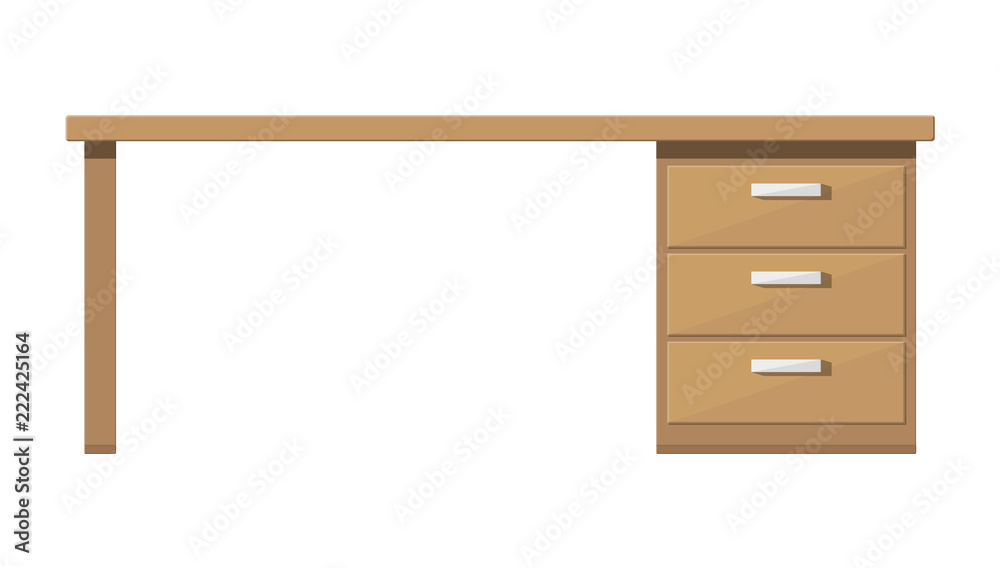 Wooden desk with drawer. Brown table with lockers Wooden desk with drawer. Brown table with lockers