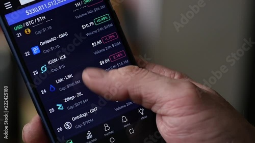 Man use a smartphone for internet trading crypto currency. slow motion photo