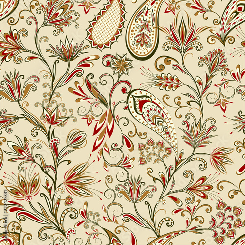 Abstract vintage pattern with decorative flowers  leaves and Paisley pattern in Oriental style.