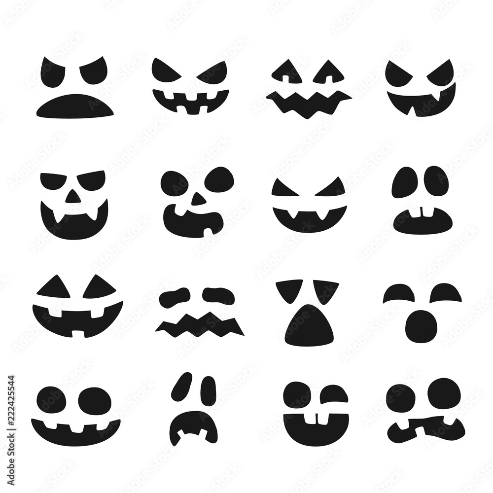 Pumpkin faces. Halloween evil devil face. Scary smile mouth, spooky nose and pumpkins eyes vector illustration set Pumpkin faces. Halloween evil devil face. Scary smile mouth, spooky nose and pumpkins eyes vector illustration set