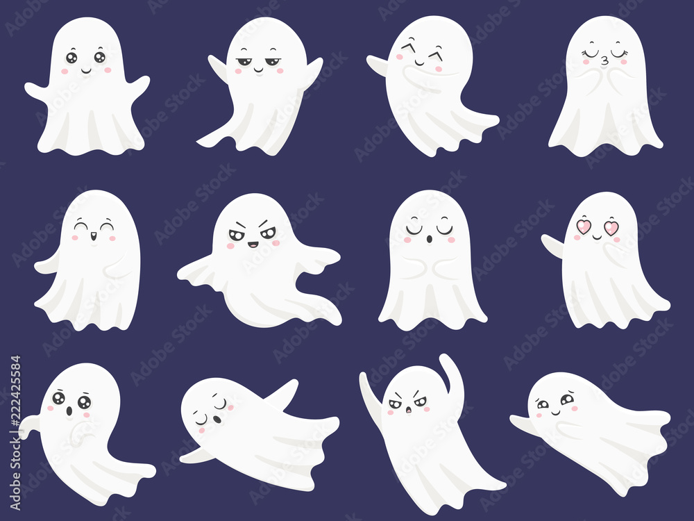 Cute halloween ghosts. Frightened funny ghost, curious spook and
