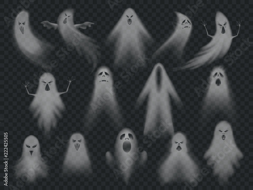 Transparent ghost. Horror spooky ghosts, halloween night ghostly ghoul. Scary phantom vector illustration set