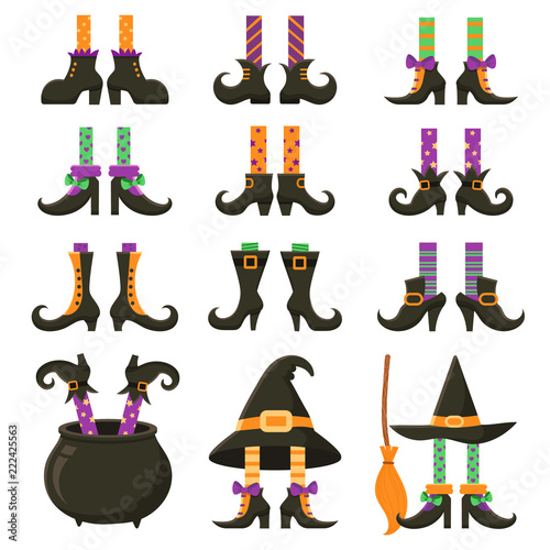 Scary witch legs. Halloween witches leg stockings and striped dress. Vintage witchcraft cauldron and feet boots cartoon vector set