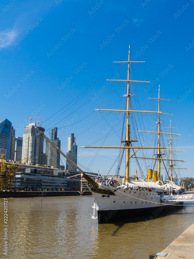 Vertical pic of Puerto Madero with old ship in Buenos Aires Argentina Vertical pic of Puerto Madero with old ship in Buenos Aires Argentina