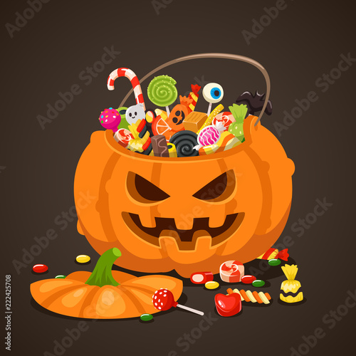 Halloween candies in pumpkin bag. Sweet lollipop candy for kids. Trick or treat, isolated children sweets vector illustration