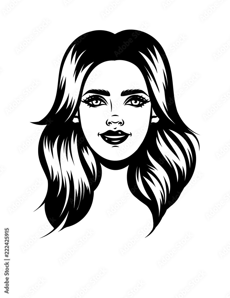 Vector black and white illustration of a beautiful girl's face isolated  from white background. Portrait of a young attractive smiling girl. Design  of a tattoo or logo with a woman's face Stock