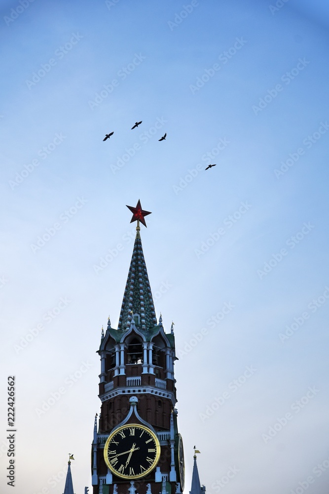 Spasskaya tower of Moscow Kremlin. Color photo.