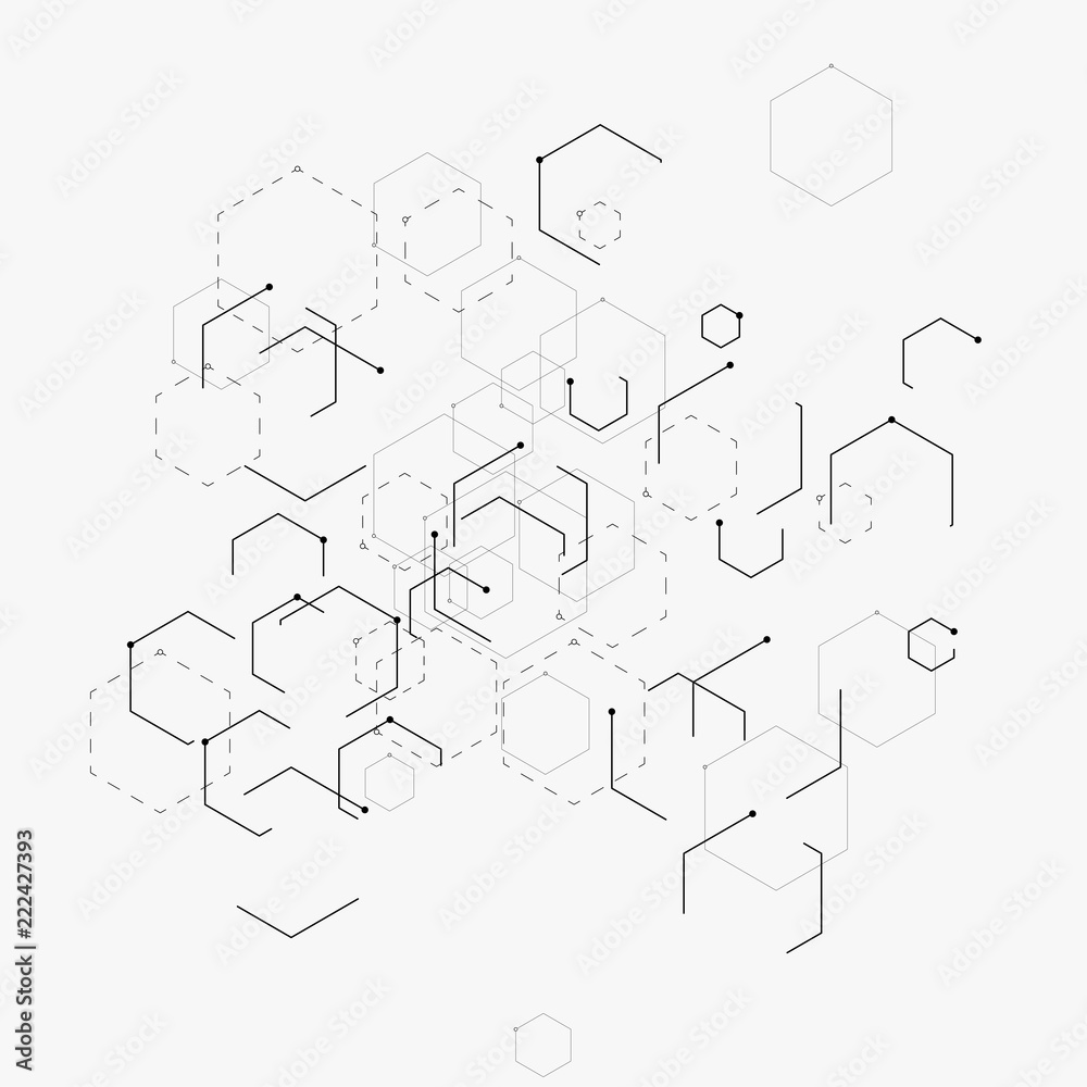Abstract vector illustration with hexagons, lines and dots on white background. Hexagon infographic. Digital technology, science or medical concept. Hexagonal geometric vector background.