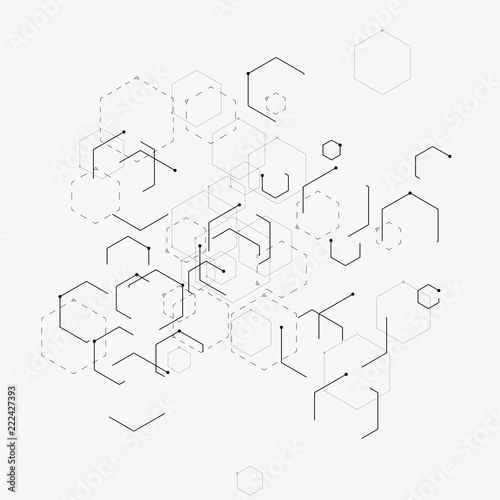 Abstract vector illustration with hexagons  lines and dots on white background. Hexagon infographic. Digital technology  science or medical concept. Hexagonal geometric vector background.