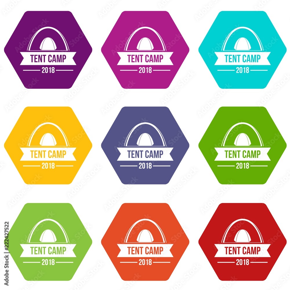Tent camp emblem icons 9 set coloful isolated on white for web