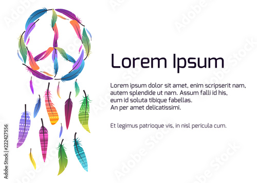 Template banner with colorful dream catcher with sign of peace made of feathers. Pacific. Vector native slide for presentations, banners, articles, postcards and your design.  