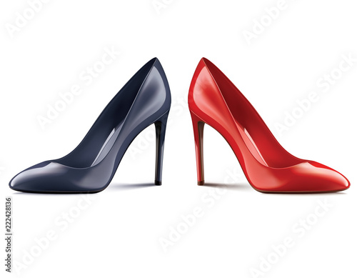 Red and black shoes on high heels, isolated on white background. Realistic vector 3d