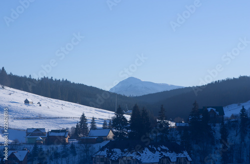 winter mountains snow village valley sunrise