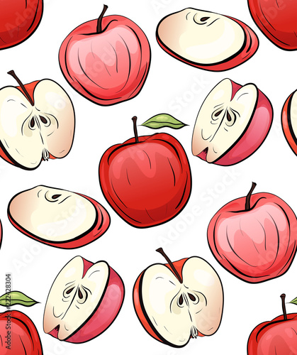 Seamless texture of cartoon red apples of different shapes on a white background. Children doodle pattern for wallpaper, fabrics, backgrounds and your creativity.