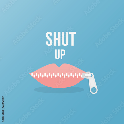 Lips zipped. Woman's mouth with zipper closing lips shut. Concept of shut up, keeping quiet. Vector illustration, flat design