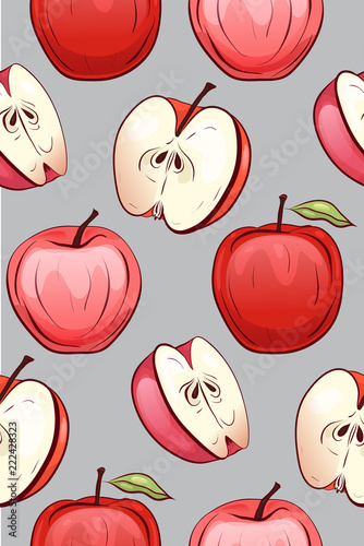 Seamless texture of cartoon red apples of different shapes on grey background. Children doodle pattern for wallpaper, fabrics, backgrounds and your creativity.