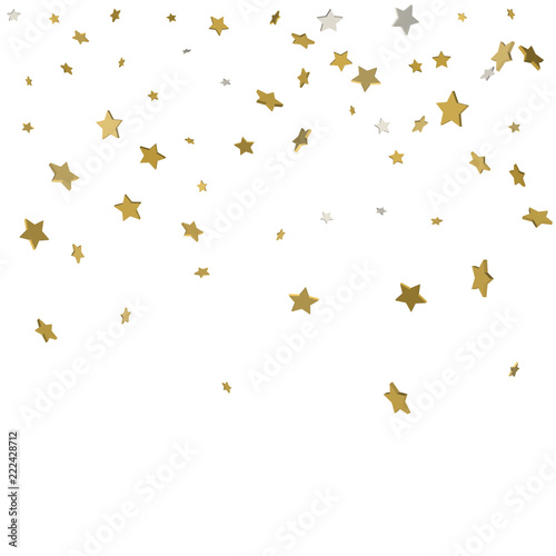 Abstract pattern of random falling gold stars on white background. Glitter template for banner, greeting card, Christmas and New Year card, invitation, postcard, paper packaging. Vector illustration.