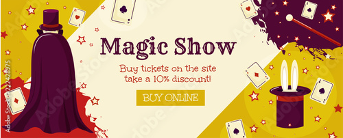 Magic show. A banner template with a wizard, cards and a magic wand. Circus tricks