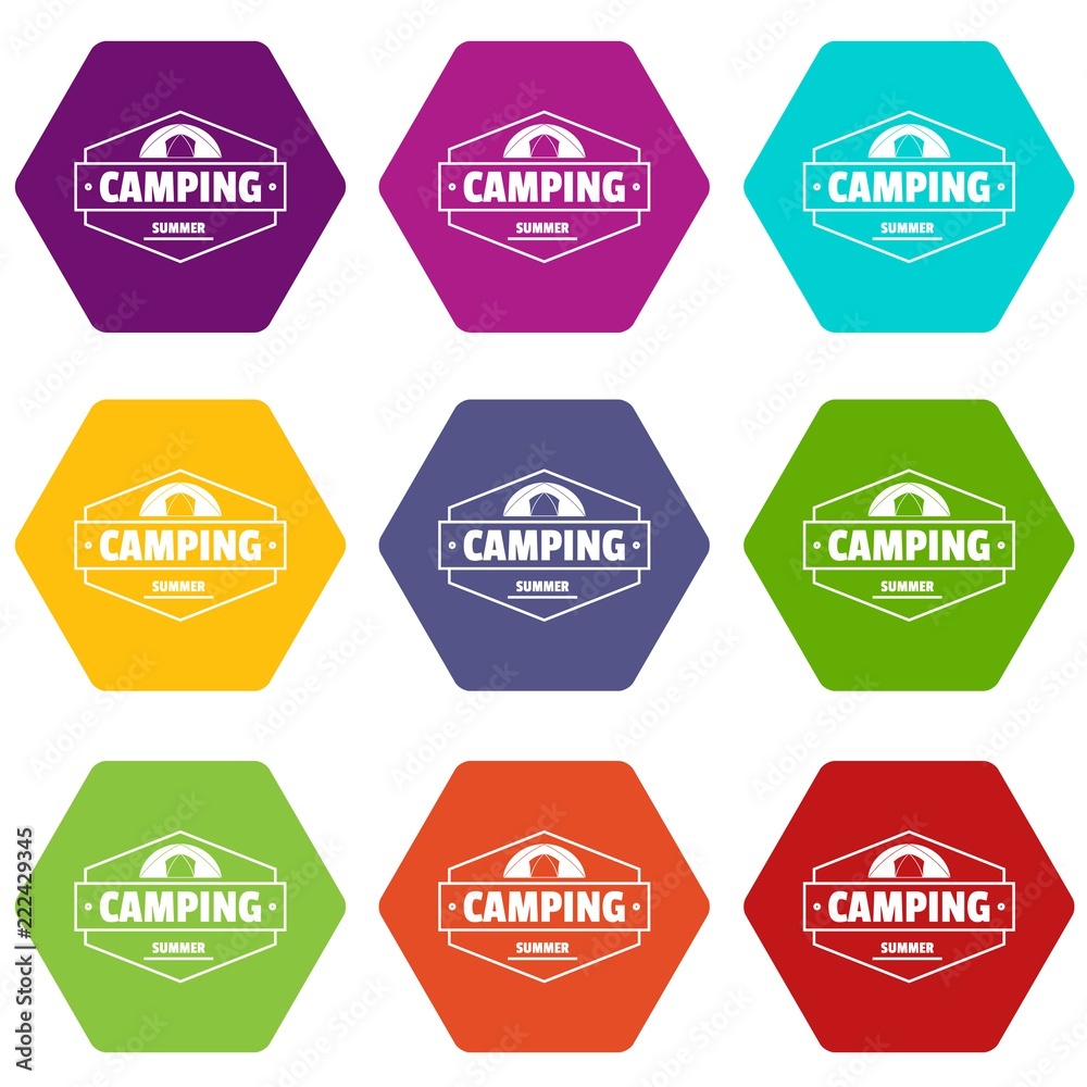 Summer camping icons 9 set coloful isolated on white for web Summer camping icons 9 set coloful isolated on white for web