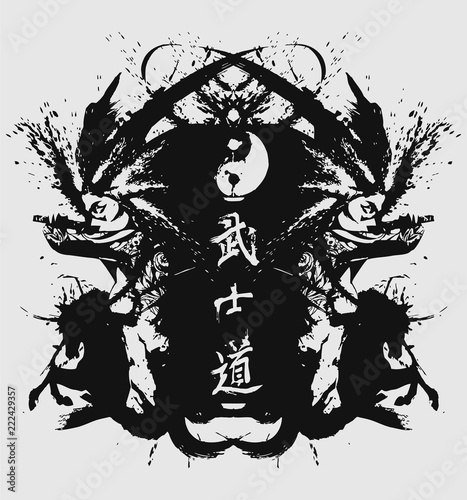 Beautiful samurai girls with Katanas,The inscription in Japanese means " the way of a warrior"