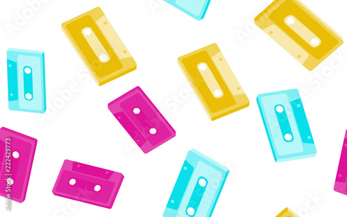 Texture, seamless pattern from old vintage retro hipster antique stylish musical isometry voluminous audio cassette from the 70's, 80's, 90's. The background. Vector illustration. Disco poster
