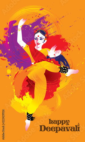 Deepavali vector of a colourful dancing woman with Indian costume, presented in energetic ink splashing style.