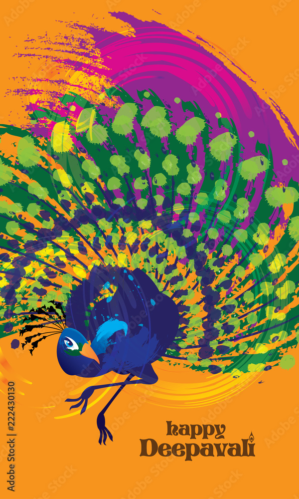 Deepavali vector of a colourful dancing peacock, presented in ink energetic splashing style.