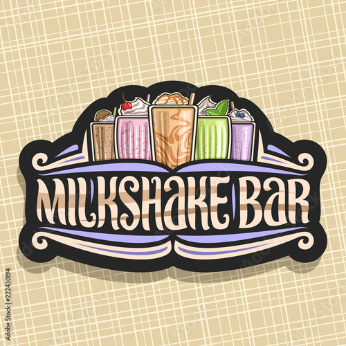 Vector signage for Milkshake Bar, 5 different dairy cocktails with ice cream decorated cherry and leaves of fresh spearmint, original lettering for words milkshake bar, illustration of cold beverages.