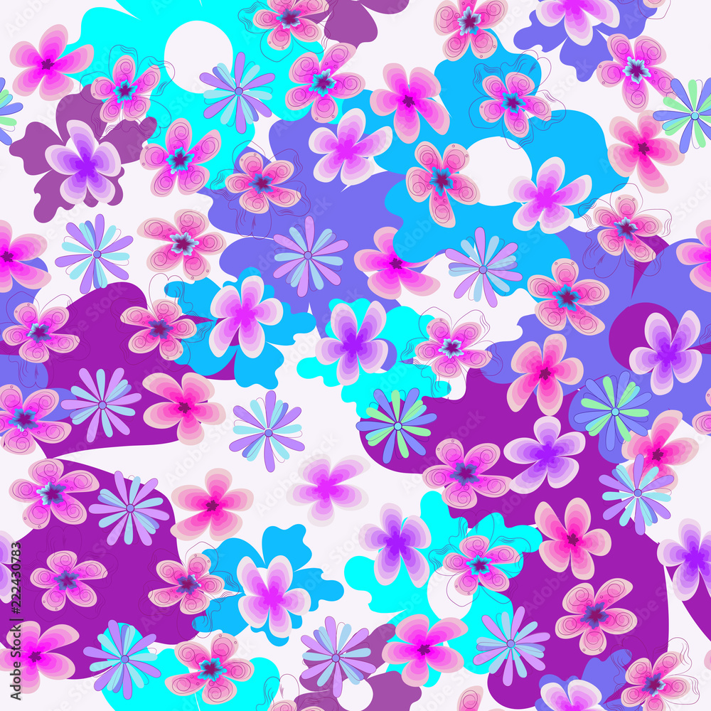 Vector floral multicolored pattern set of different flowers on a light background biological motif, floral vortex