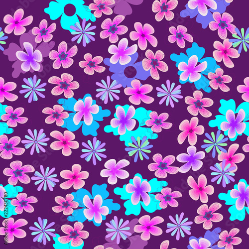 Vector floral multicolored pattern set of different flowers on an ultra violet background biological motif, floral abundance