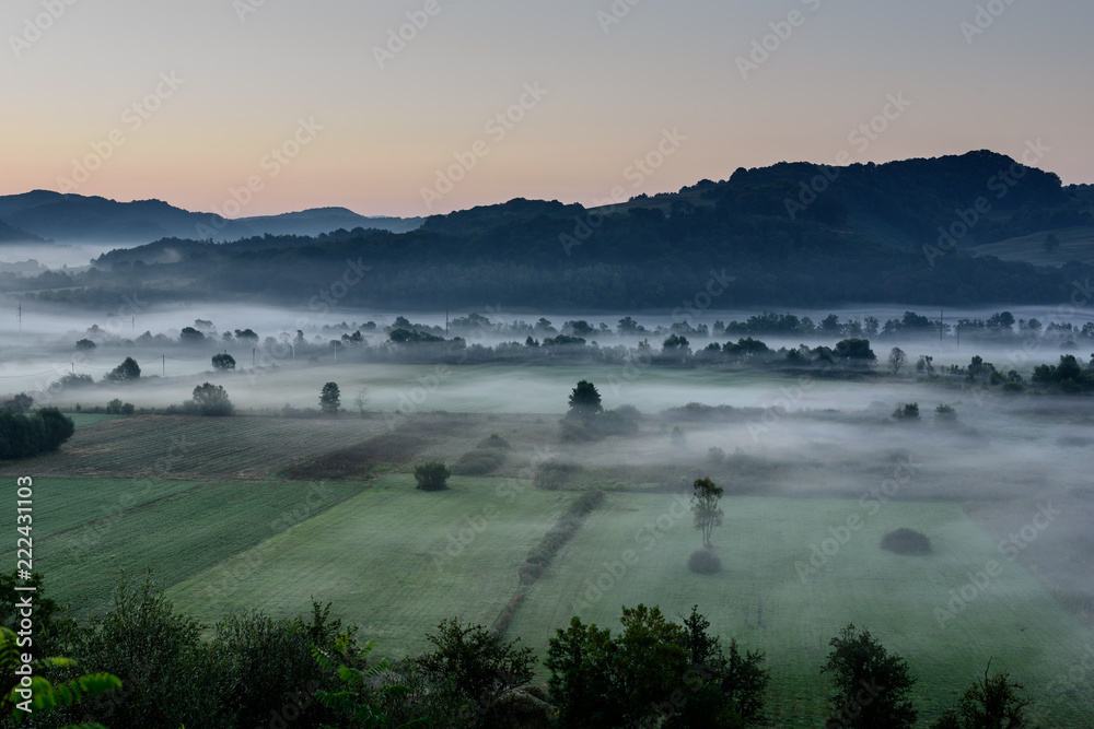 Agricultural Field. Foggy morning over rural countryside landsacpe. Agricultural Field. Foggy morning over rural countryside landsacpe.