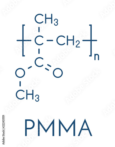 Acrylic glass or poly(methyl methacrylate), chemical structure. PMMA is the component of acrylic paint (latex) and acrylic glass. Skeletal formula.