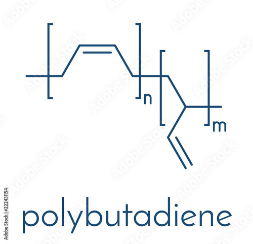 Polybutadiene (butadiene rubber) polymer, chemical structure. Used in manufacture of tires, golf balls, etc. Skeletal formula.