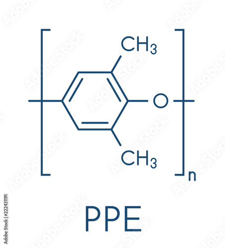 Poly(p-phenylene oxide) (PPO) polymer, chemical structure. Also known as poly(p-phenylene ether) or PPE. Skeletal formula. photo