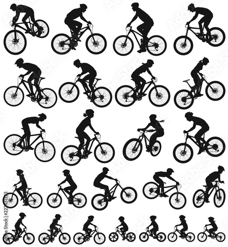Bicycle vector silhouette collection of active people men women teen and children riding mountain bikes