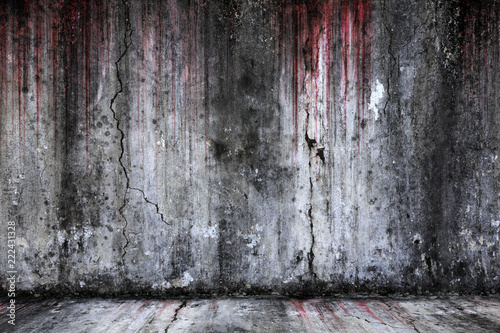 Bloody background scary old cement wall and floor, concept of horror and Halloween photo