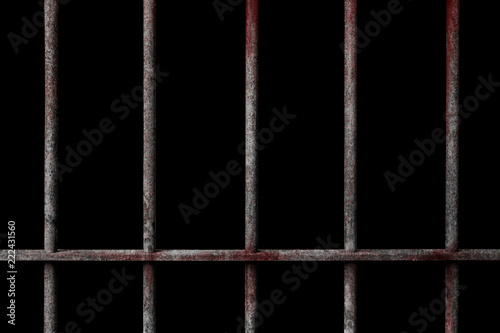 Old prison rusted metal bars cell lock with blood stain isolated on white background, concept of strengthen and protect with horror