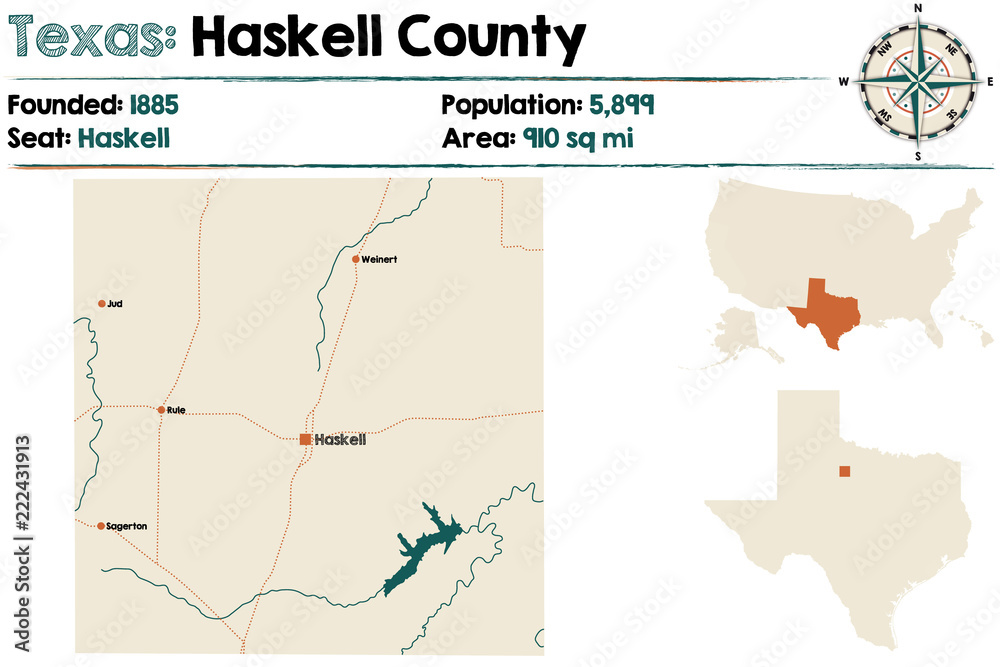 Detailed map of Haskell county in Texas, USA.