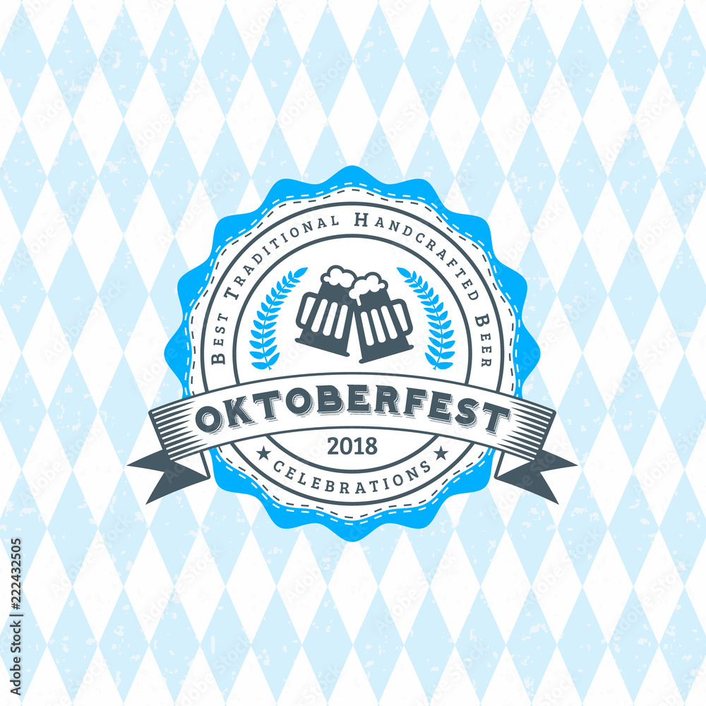 Fototapeta premium Beer festival Oktoberfest celebrations. Vintage beer badge on the traditional Bavarian linen flag background