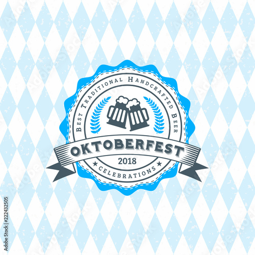 Beer festival Oktoberfest celebrations. Vintage beer badge on the traditional Bavarian linen flag background