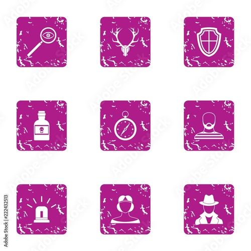 Detective icons set. Grunge set of 9 detective vector icons for web isolated on white background