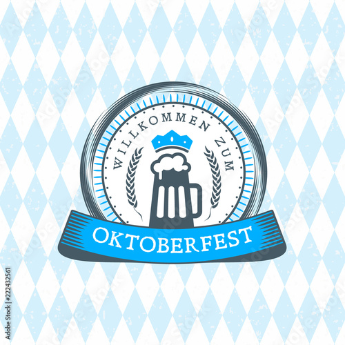 Beer festival Oktoberfest celebrations. Vintage beer badge on the traditional Bavarian linen flag background