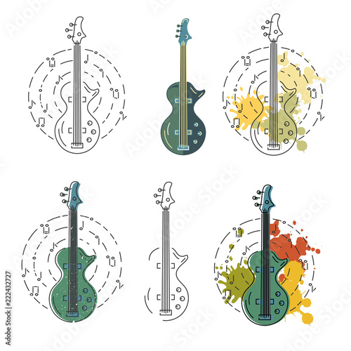 Vecor set with icons of bass guitar isolated on background. Flat and line style.