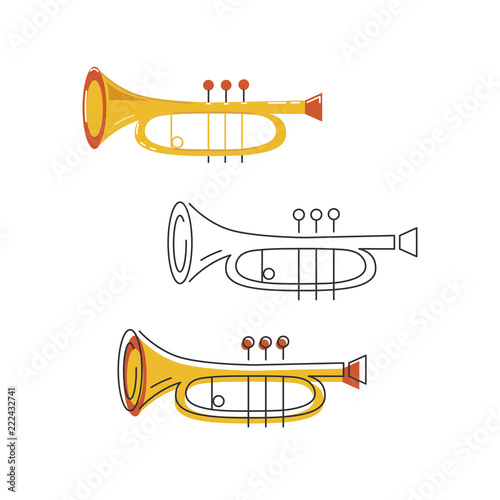 Vector set with icons of cornet or horn isolated on background. Flat and line style.