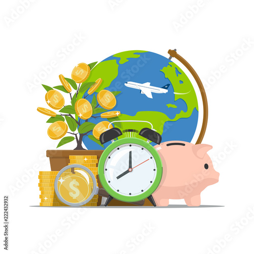Saving money. Time investing. Economic growth business concept. Alarm clock, piggy bank, stack coins with magnifying glass, globus and money tree on white background. Vector illustration in flat style