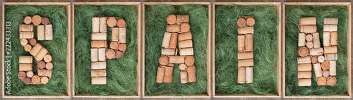 Word Spain made of wine corks on green background in wooden box