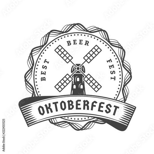 Oktoberfest celebration. Beer festival retro style badge, label, emblem. Black on white background. Vector illustration. Beer label template