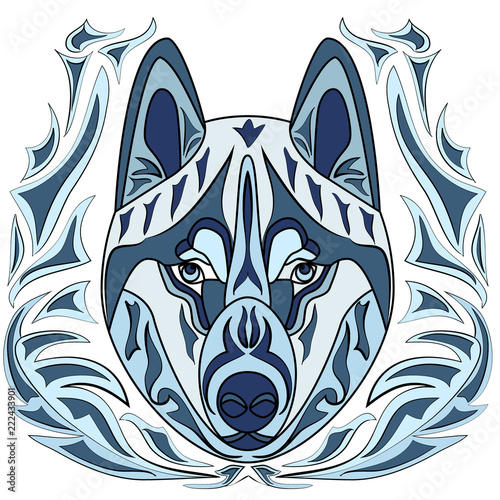 A dog of the Husky breed with an ornament. Tattoo. Doodle. Zentangle. Graphic arts.