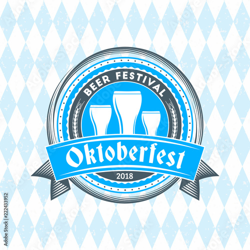 Beer festival Oktoberfest celebrations. Vintage beer badge on the traditional Bavarian linen flag background