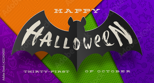 Halloween Vector illustration. Brush calligraphy greeting on a silhouette of paper bat against a multi-colored paper background with linear Halloween signs and symbols.